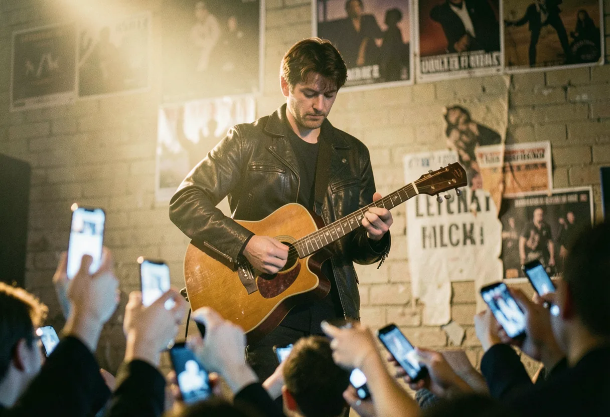 Singer on stage, warm backlight, blurred crowd, 2000s alternative music concert revival tour.