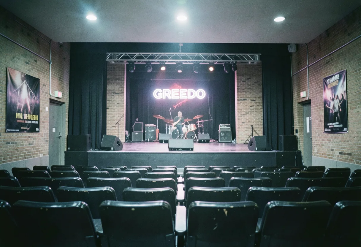 Concert venue stage with seats, Greedo banner, soft lighting, fan guide event.