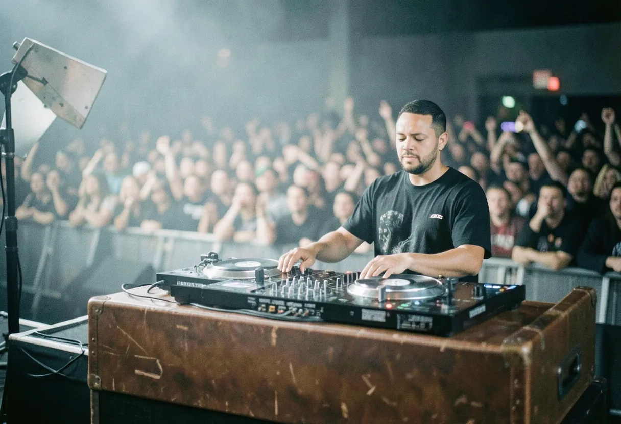 A dimly lit concert stage with a classic turntable, ready for a live hip hop performance.