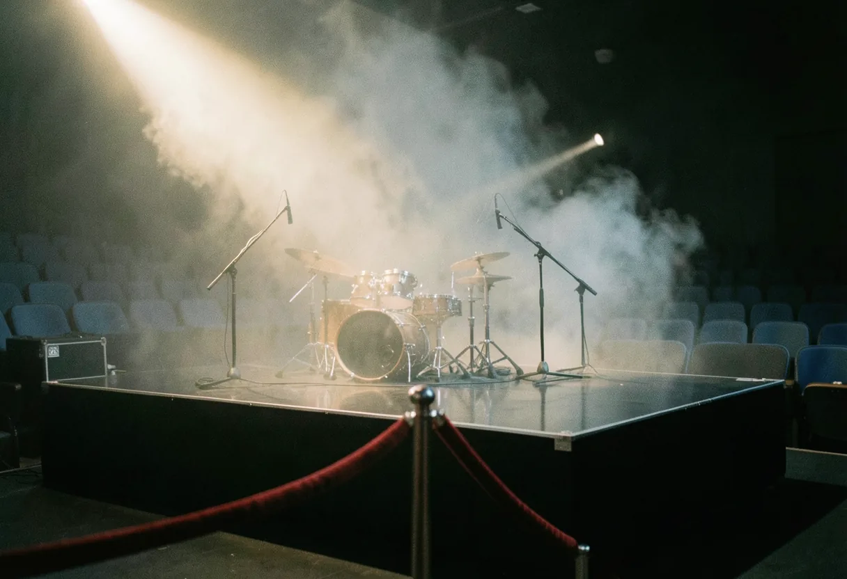 Dim concert stage with dry ice haze, spotlight on center, audience silhouettes