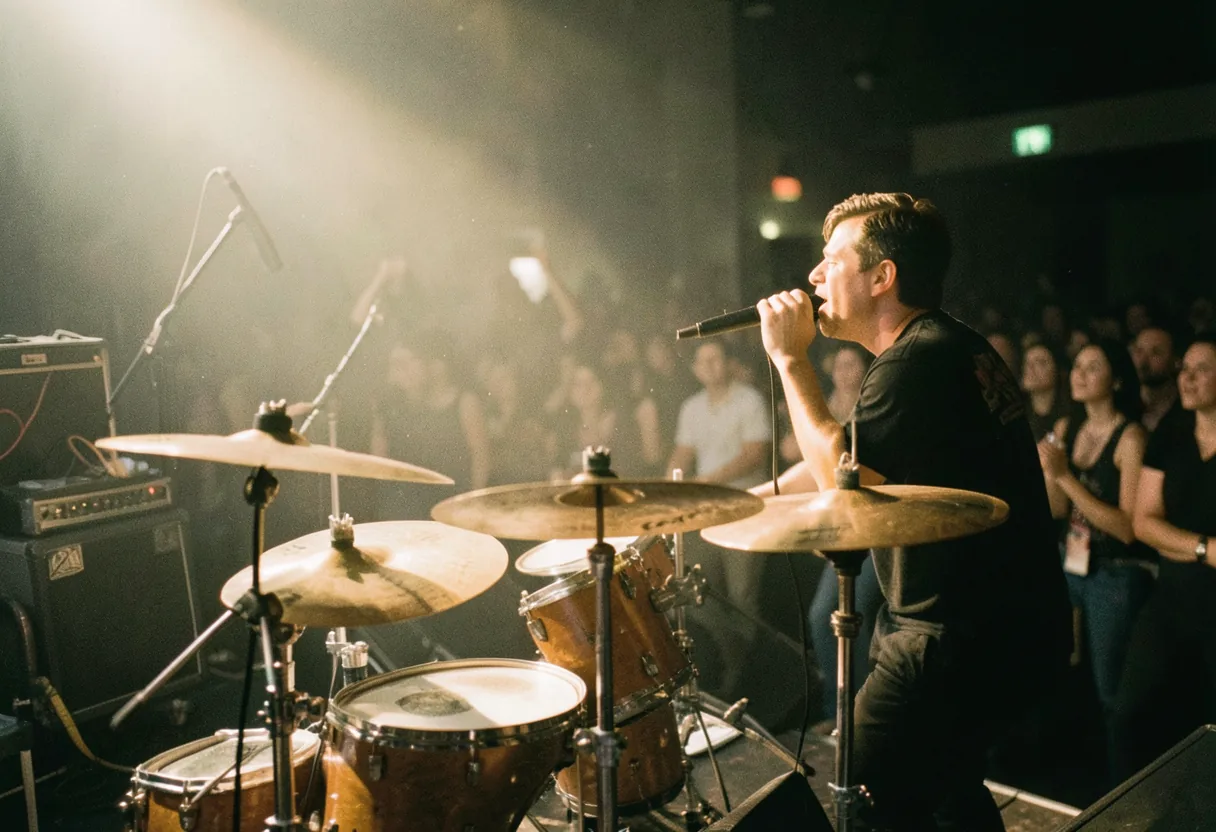 Dimly lit concert stage with warm golden lights, blurred audience, '1 Lunatic 1 Icepick' tour.