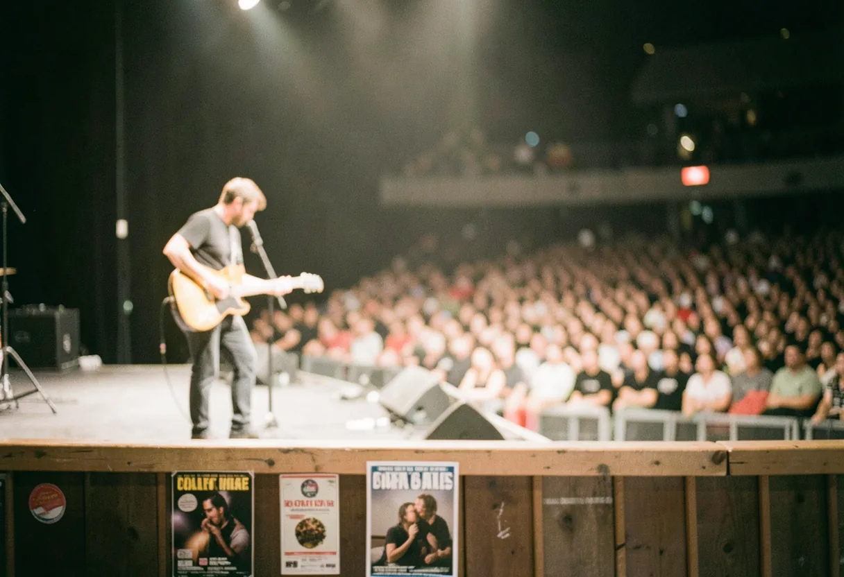 Concert stage with bright lights, crowd in background, tour poster on side.