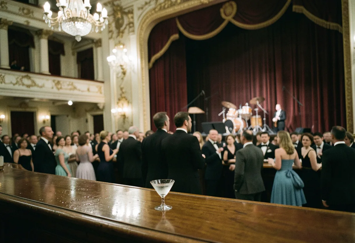 1940s concert hall, grand chandelier, musicians on stage, audience seated, swing concert atmosphere.