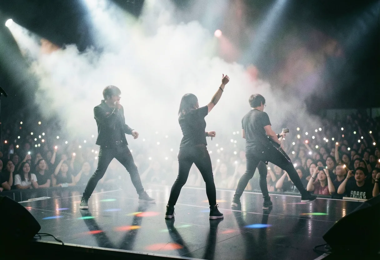 2NE1 concert stage under soft, cool lighting, muted colors, and diffused light.