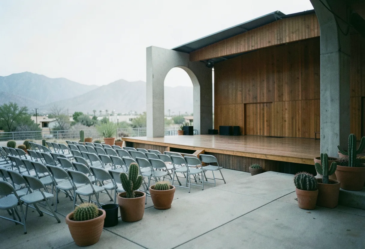 Empty Sunset Plaza Amphitheater, Albuquerque, under soft, diffused light. Albuquerque music concerts venues.