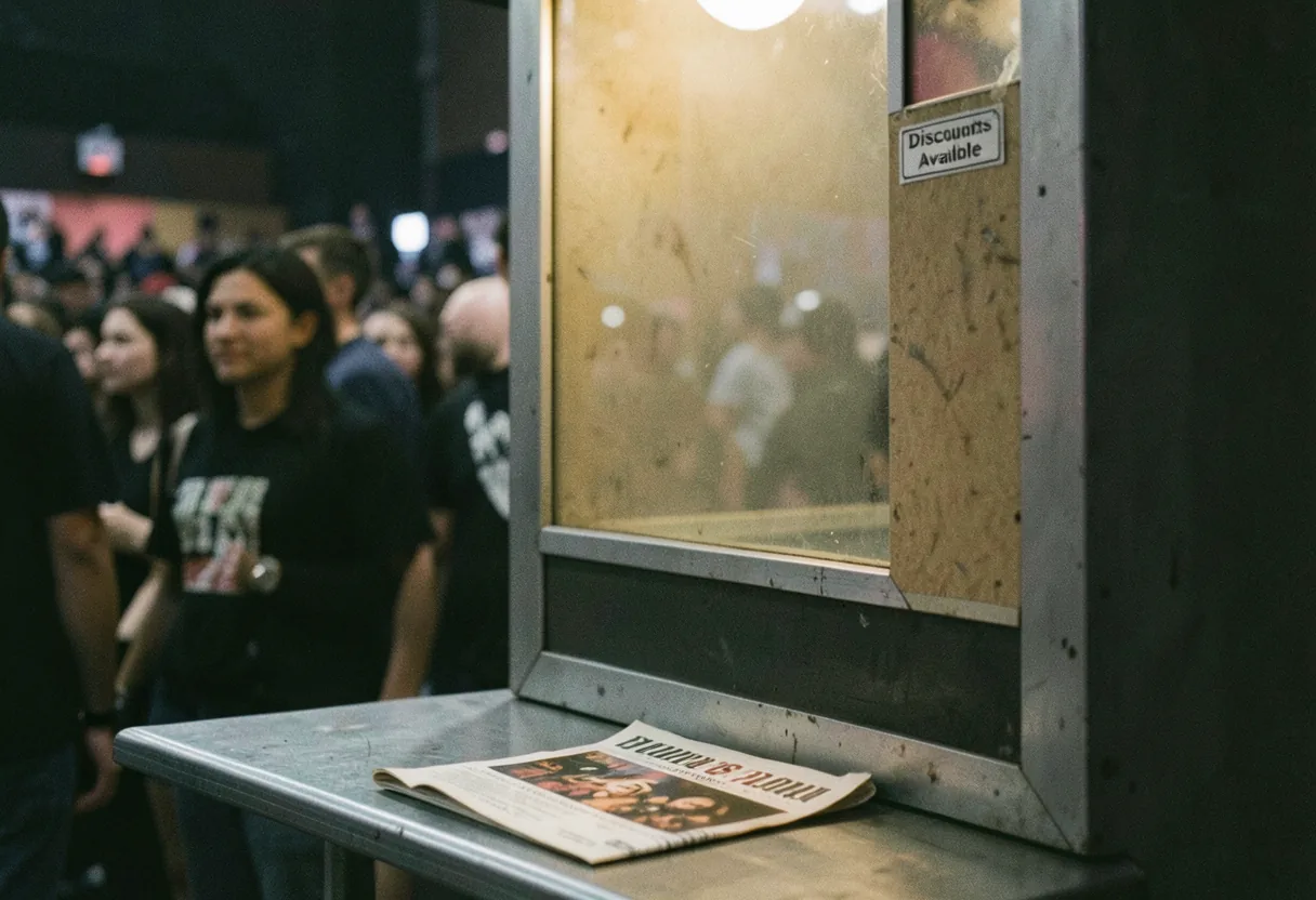Dimly lit concert ticket booth with worn laminate window, bustling venue background. Concert ticket discounts.