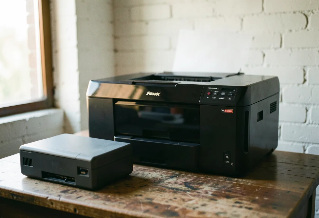Concert ticket printing, inkjet printer in action, muted colors, soft lighting.