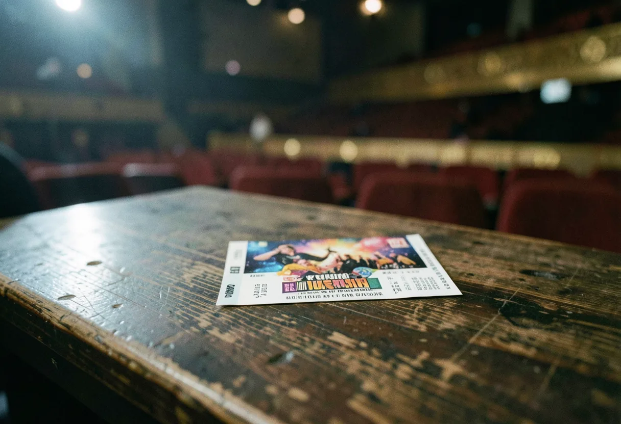 Vibrant K-pop concert ticket under soft, diffused light, muted background. K-pop concert tickets.