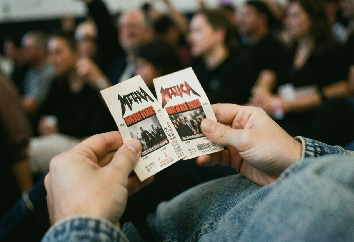Fan's hands holding Metallica concert tickets, soft lighting, muted colors, worn hands.
