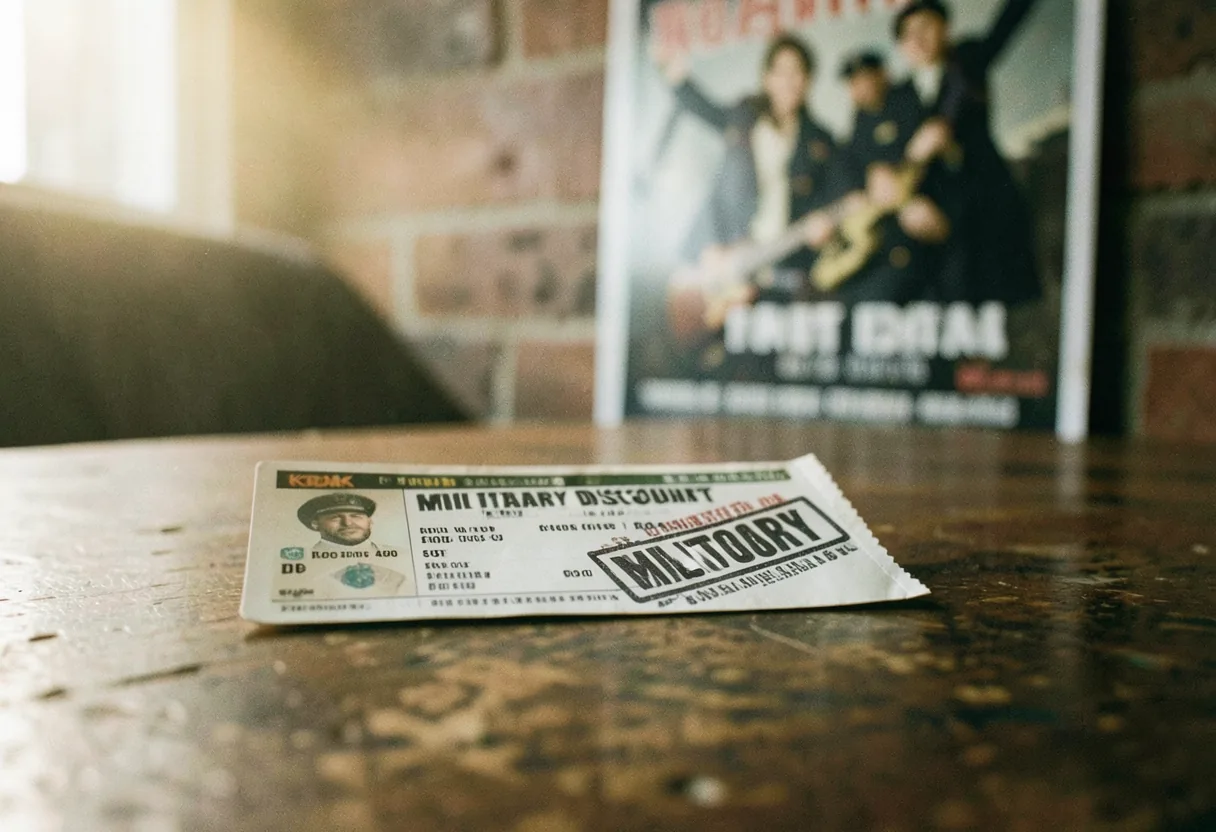 Military ID card on wooden table, concert ticket discount eligibility, muted colors.
