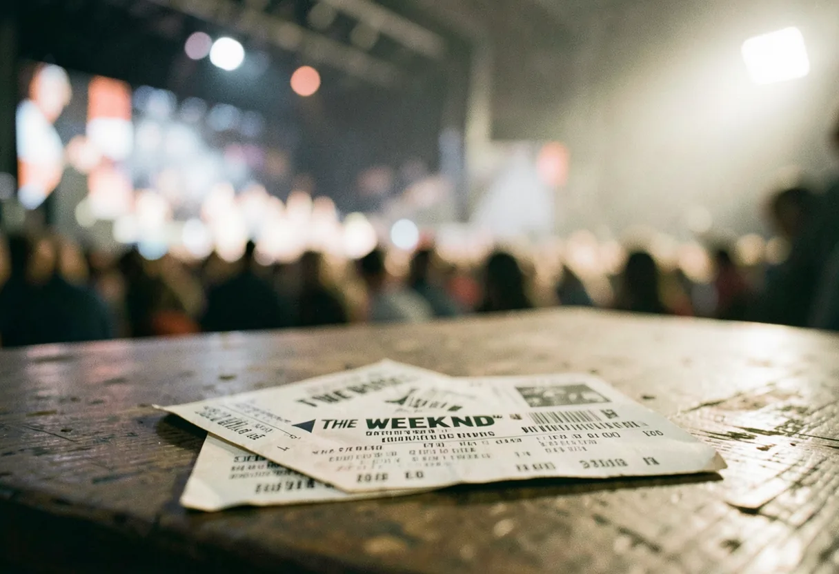 Soft, muted tickets for The Weeknd's stadium tour, slightly worn edges, warm lighting.
