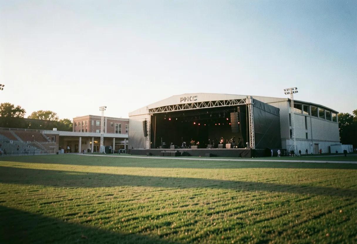 PNC Music Pavilion stage view, outdoor concert setting, muted colors, soft lighting.