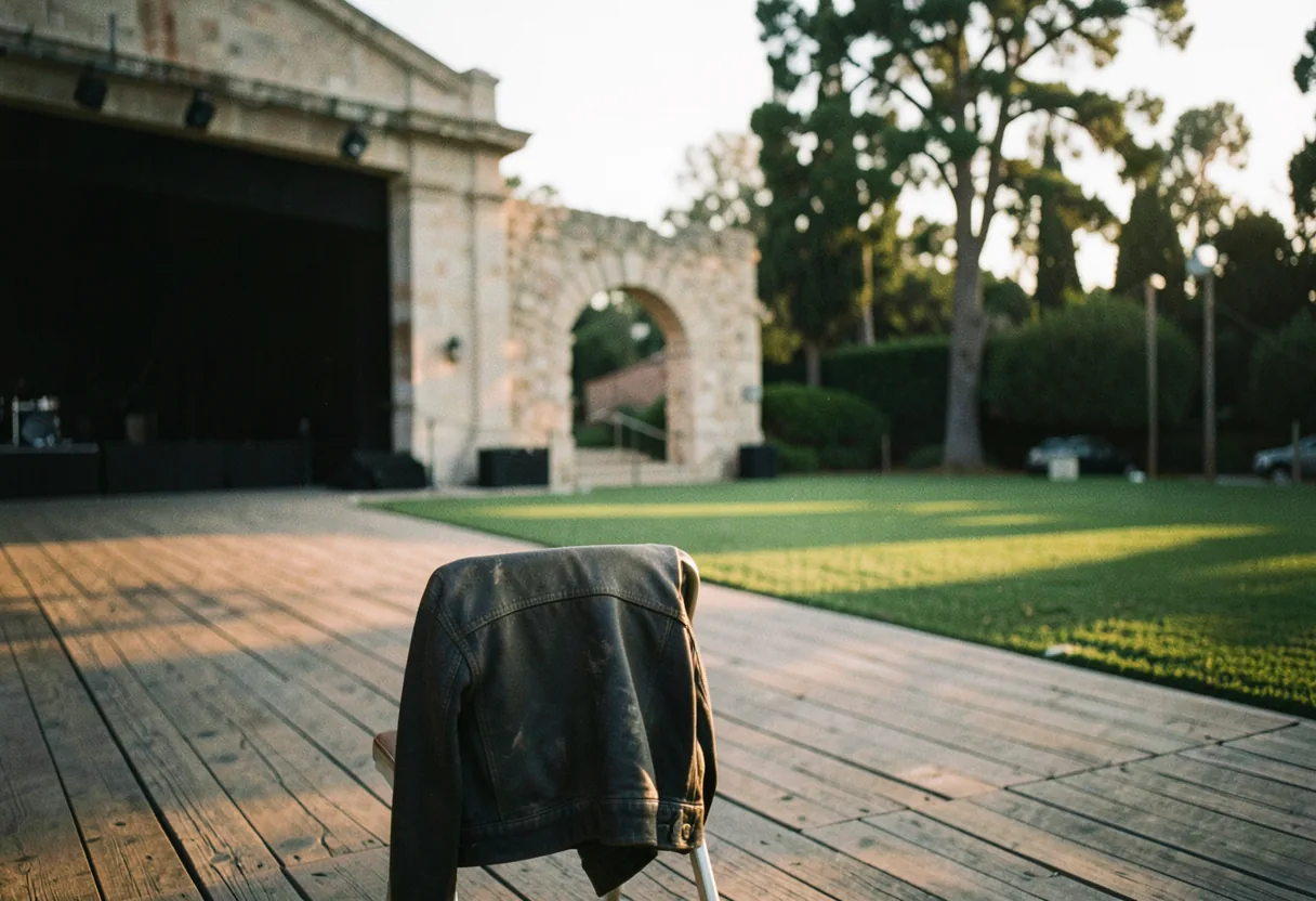 Greek Theatre LA stage, empty, evening, concert venue, muted colors, soft light.