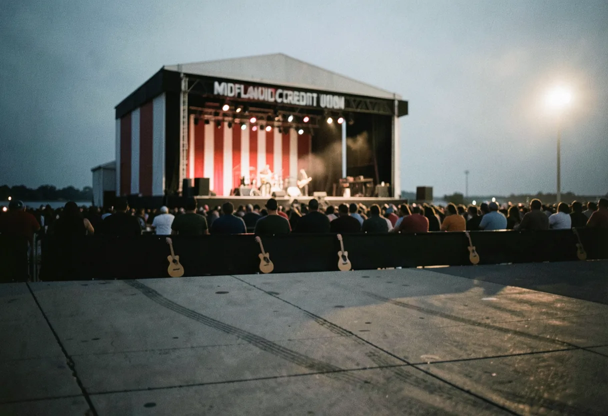 Crowd enjoying a country music concert at Tampa's MidFlorida Amphitheatre under soft evening light.