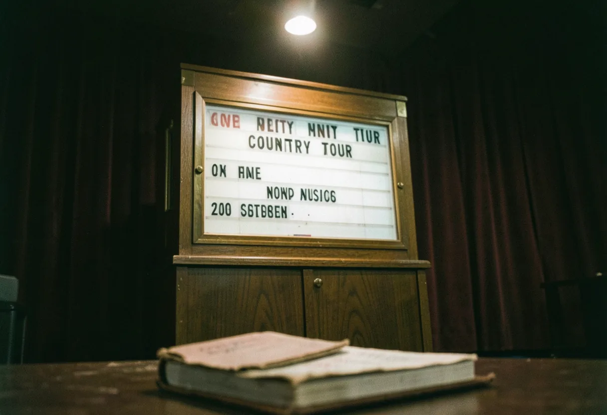 Dimly lit concert venue with a vintage ticket booth, upcoming country music tour dates.