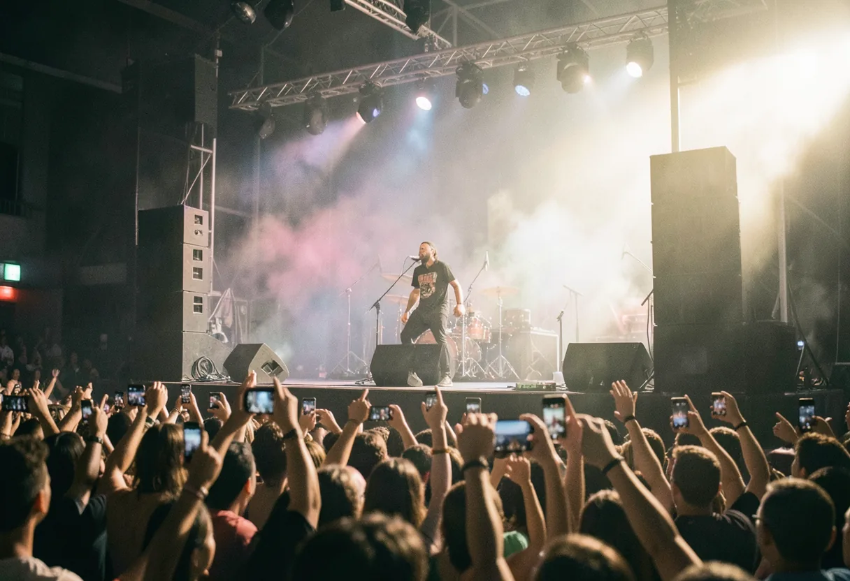 Crowded concert stage with DJ booth, top hip hop artists performing. Hip hop music concerts.