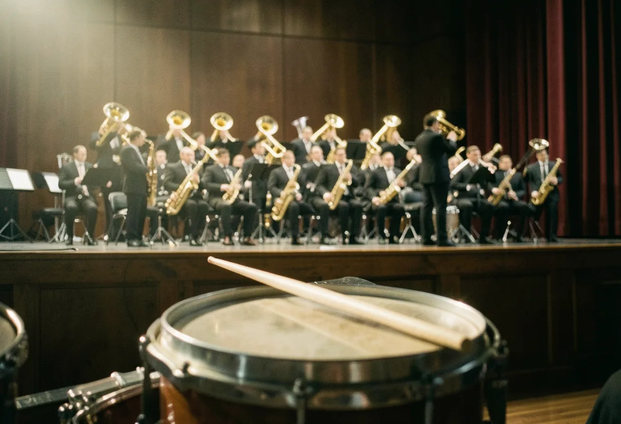 Concert band performing on stage, muted lighting, essential repertoire, band performances.