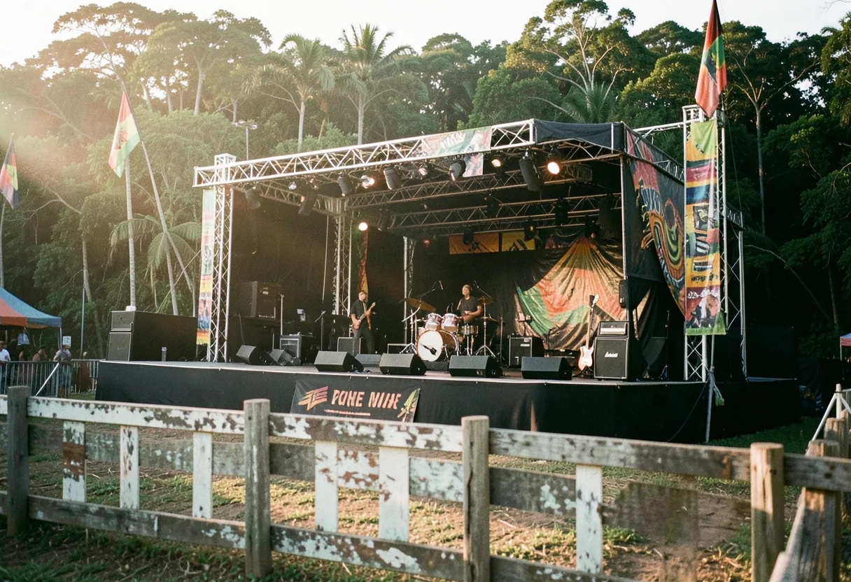 Golden hour reggae concert, stage set in lush open-air venue, muted colors.