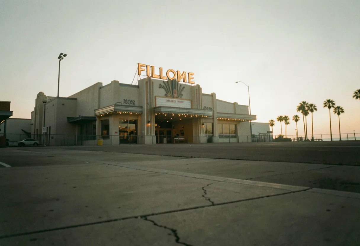 Fillmore Miami Beach neon sign glowing at golden hour, concert venue, event calendar.