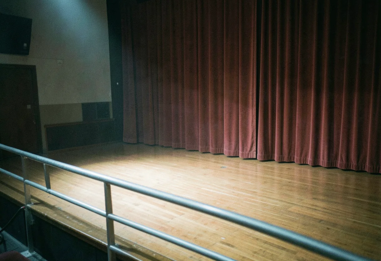 Empty concert hall stage, muted lighting, event ticketing guide illustration.